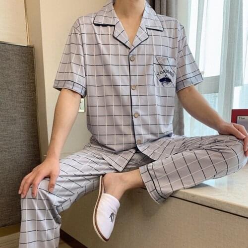Men T Shirt Cotton Pajama Set Sleepwear Sexy Mens Turndown Collar Tshirts + Pants Brand Short Sleeve Plaid Casual Tracksuit