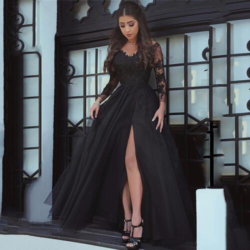 Sexy Slit Black Prom Dresses Lace Long Sleeve Elegant Formal Evening Gowns Party Long Prom Dresses For Woman vestidos de gala