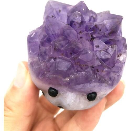 Lovely 1PC Natural Beautiful Amethyst Quartz Crystal Cluster Hedgehog Hand Carved Animal Natural Quartz Crystals