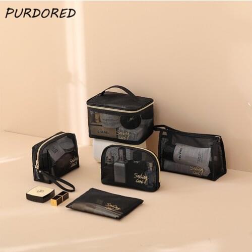 PURDORED 1 Pc Women Mesh Makeup Bag Travel Clear Black Cosmetic Bag Zipper Female Makeup Pouch Toiletry Bag Beauty Case