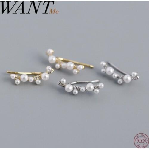 WANTME 925 Sterling Silver Korean Minimalist Pearl White Zircon Piercing Stud Earrings for Women Elegant Wedding Luxury Jewelry