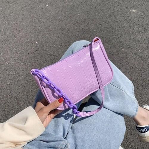Crocodile Pattern Baguette Handbag for Women 2021 Candy Color Chain Ladies Small Shoulder Bags Fashion Design Leather Armpit Bag