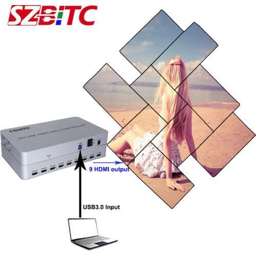 SZBITC 3x3 Video Wall Controller Image 360 Degrees Free Rotation and Splicing 4K 1 in 9 out Video Processor with Remote Control