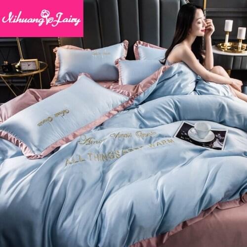 Washed silk four-piece embroidered French duvet cover sheet 1.8m bed sheet silky bedding
