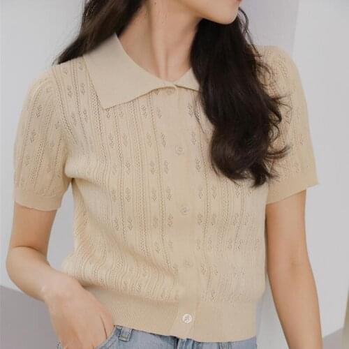 Vintage Argyle Knitted Women T-shirt Chic Turndown Collar Short Sleeve Summer T Shirt Female Knit Slim Short Tees Tops