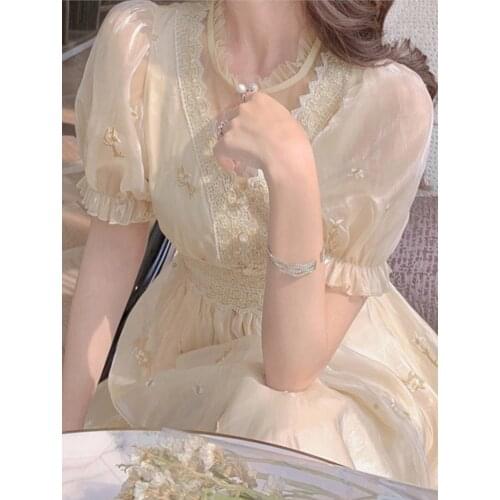 Vintage Summer Elegant Dresses Women French Retro Lace V-neck Princess Fairy Dress Casual Puff Sleeve Party Dress 2021