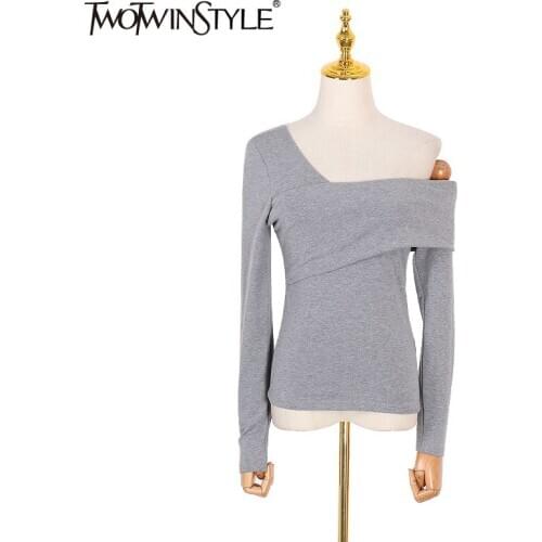 TWOTWINSTYLE Off Shoulder Womens T-shirt Slim Long Sleeve Asymmetric Tops Female Korean Fashion Shirt Clothes Spring 2020 New