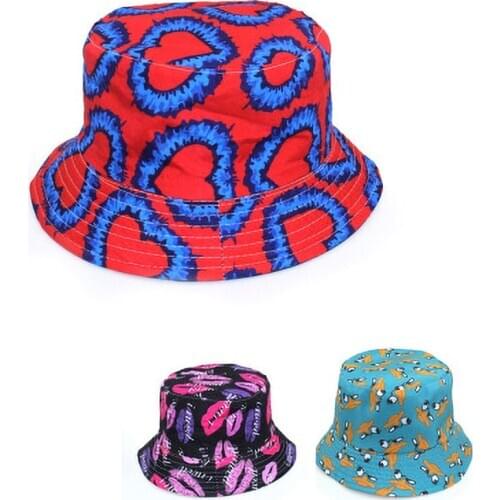 Womens New Fashion 3D Printed Bucket-Hat Tie-dyed Double-wearing Fisherman Hat Seasons Outdoor Travel Casual Cotton Sunhat