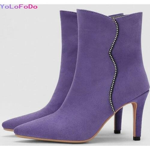2021 Autumn Winter Women Ankle Boots Faux Suede High Quality Women Thin High Heel Boots Pointed Toe Dress Womens Boots Big Size