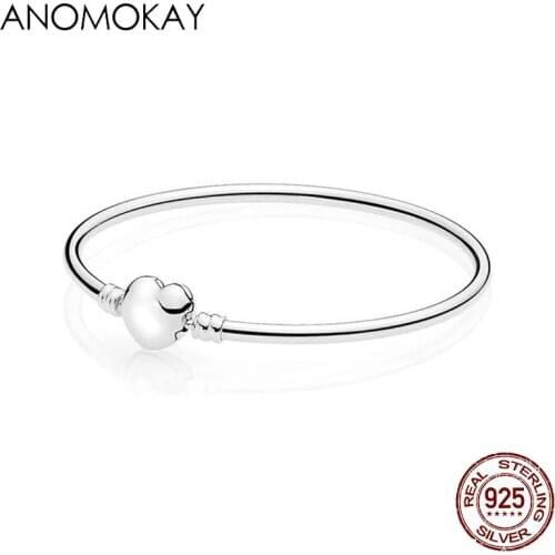 Anomokay 100% 925 Sterling Silver Moments Heart Bangles Bracelet Simple Style Cute Luxury Silver Jewelry for Women Gift