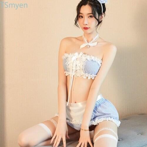 Women Blue Plaid Anime Servant Set Sexy Cosplay Costumes Lace Tube Top Skirt Maid Outfit Naughty Lingerie New Erotic Underwear