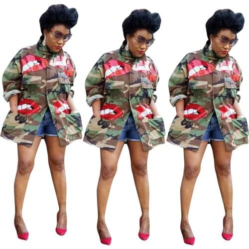 S--6XL Newest Styles Autumn Women Camouflage Coats Red Sequins Cute Long Sleeves Big Pockets Fashion Lady Jackets Casual Coats