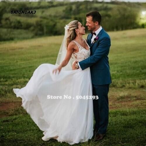 2020 Illusion V-Neck Beach Wedding Dress for Women Garden Bridal Sleeveless Backless Vestido De Novia Robe Mariage Online Shop