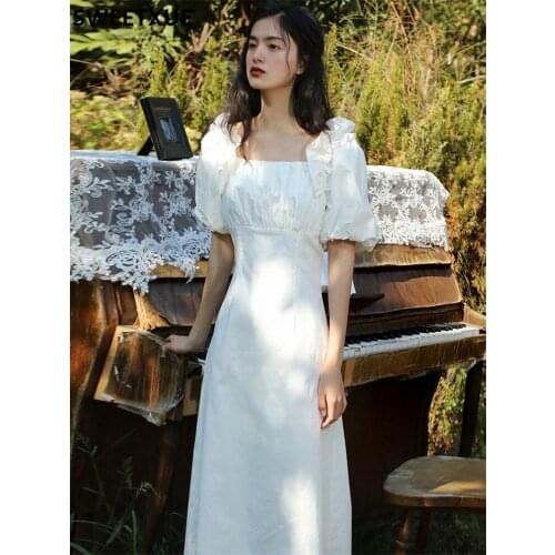 SWEETXUE French Retro White Temperament Square Collar Dress Female Romantic Gentle Fashion Puff Sleeve Sweet Princess Korean