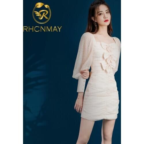 2021 Early spring New Female Square neck Stars Sequined Mesh Shiny Dress Women Elegant Puff sleeves Dresses