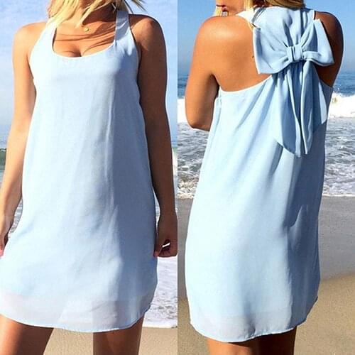 Womens O-Neck Chiffon Tanks Dress Sleeveless Back Bowknot Mini Loose Party Beach Casual Tanks Sleeveless Vestido Big Sale
