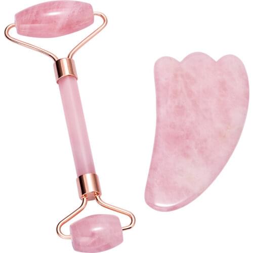 Rose Quartz Crystal Jade Roller Guasha Scraper Natural Stone Neck Back Face Massage Slimmer Lift Wrinkle Remover Tool 2 in 1 set