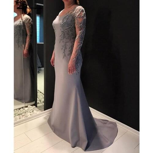 Arabic Silver Sexy Mermaid Mother Of Bride Dresses Beaded Long Sleeves Mother Of Groom Dresses Cheap Formal Party Bridesmaid Gow