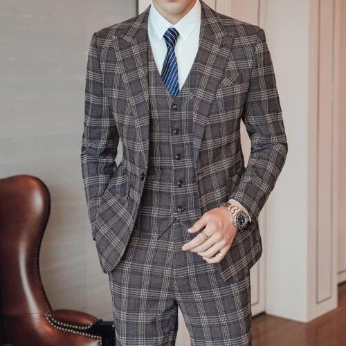 Jackets+Vest+Pants) 2021 Brand clothing Mens cotton three-piece Blazers/Male slim fit plaid three-piece suit/groom dress S-5XL