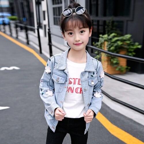 Girls Jeans Jacket Spring Children Flower Embroidery Blue Denim Coat Teenage Kids Fall Outerwear Clothes for Girls 6 8 10 Years