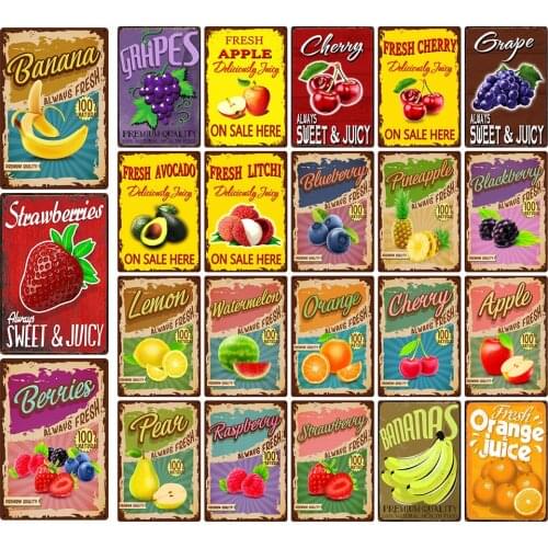 [ Mike86 ] Fruits Apples Strawberry Lemon Grape Pear Always Fresh Metal Tin Sign Wall Poster Iron Painting Pub S-08 20*30 CM
