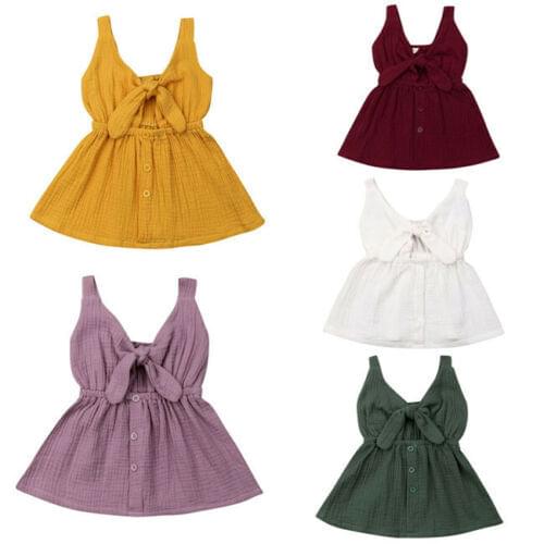 1-4Years Toddler Baby Girls Clothes Dress Bow Sundress Sunsuit Cotton Linen Outfits