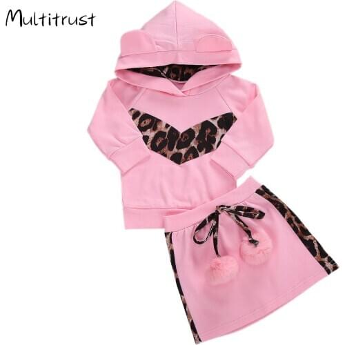 2Pcs Baby Girl Autumn Clothes Long Sleeve Hoodie with Cute Ears + Leopard Printed Short Skirt Suit for Toddler Girl 1-5Y