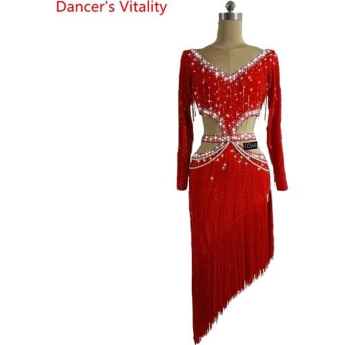 Women Latin Dance Competition Dress High-End Custom Child Adult Long Sleeves Latin Dancing Skirt Dance Performance Clothing Wear