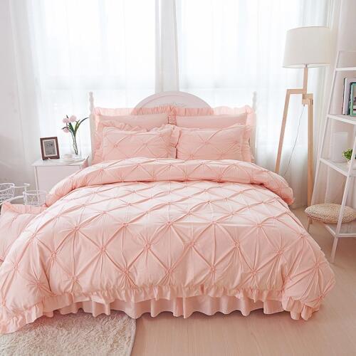 Pink Hand-made Pleat Bedding Sets Luxury 4pcs Solid Color Bed Cover Princess Duvet Cover Bedspread Bed Skirt Linen 100 Cotton