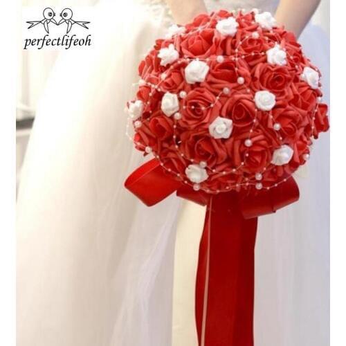 Perfectlifeoh Blue and White Wedding Bouquet Handmade Artificial Flower Rose buque casamento Bridal Bouquet for Wedding