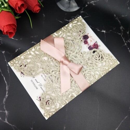 Champagne Gold Silver Red Blue Glittery Flower Print Fold Wedding Invitation with Ribbon and Envelope 50pcs Quinceanear Invites