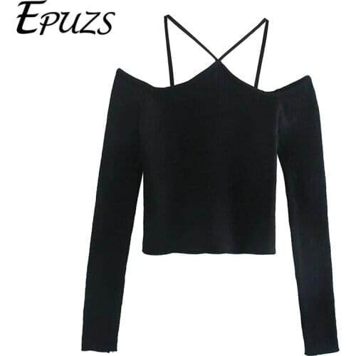 2021 ZA Women Black Long Sleeve Knitted Sweater Sexy Sling Chic Pullover Sweater Lady Casual Loose Chic Top EPUZS
