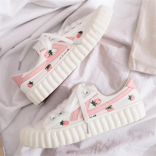 Women Flatts Strawberry Printed Sweet Girls Shoes Causal Lace Up White Shoes Canvas 35-40 Plus Size