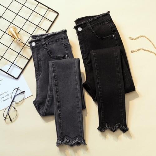 Zoki Tassel Women Jeans New 2020 Autumn Skinny Plus Size High Waist Elastic Cotton Mom Pencil Jean Casual Streetwear Black Pants