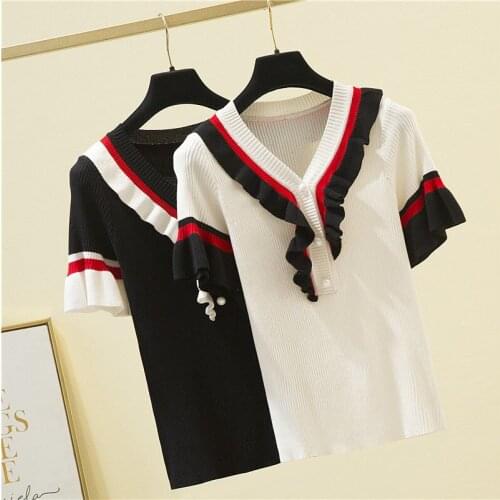 2021 Summer New Fashion Korean Ruffled V neck Pullover Tight Fitting Knitted T shirt Women Short Sleeved Sweet Thin Top Women