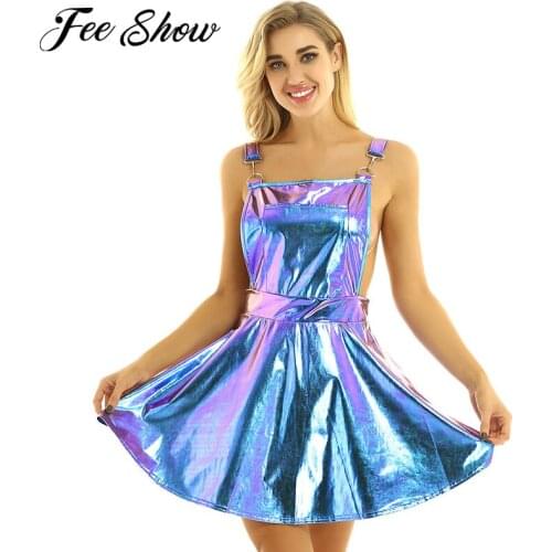 Womens Shiny Metallic Holographic Dress Costumes Clubwear A-line Pleated Bib Overall Pinafore Sissy Dress Braces Mini Suspender