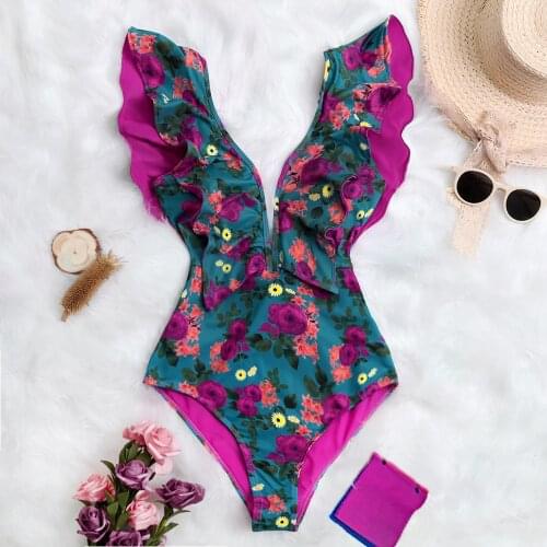 2021 Sexy Ruffle Print Floral One Piece Swimsuit Off Shoulder Swimwear Women Solid Deep-V Beachwear Bathing Suit Monkini Fashion