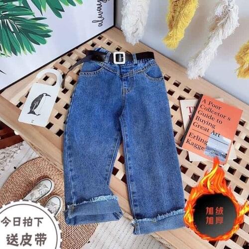 2021 Spring Autumn Girls Fashion Wide Leg Jeans Pant with Belt Baby Kids Children Denim Trousers