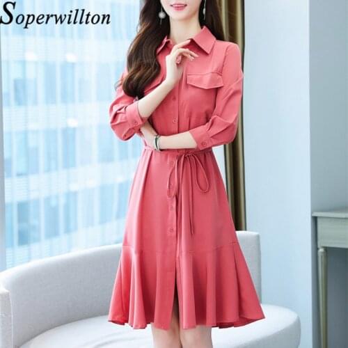 2021 Fashion Casual Chiffon For Women Workwear OL Pleated Single Button Black Red Womens Dress Solid Midi Autumn Dresses