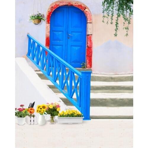 5x7ft House Flowers Blue Door Photography Backdrops Photo Props Studio Background