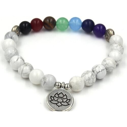 8mm cf24 elastic adjusted Charm nature stone bead Reiki Frosted agate Onyx Lotus life tree Buddha head white Howlite Bracelet