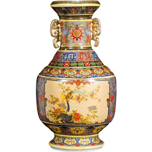 Qing Yong Zheng Antique Ceramic Vase Enamel Gilt Double Ears Vase With Flower Antique Porcelain Ancient Porcelain Collection