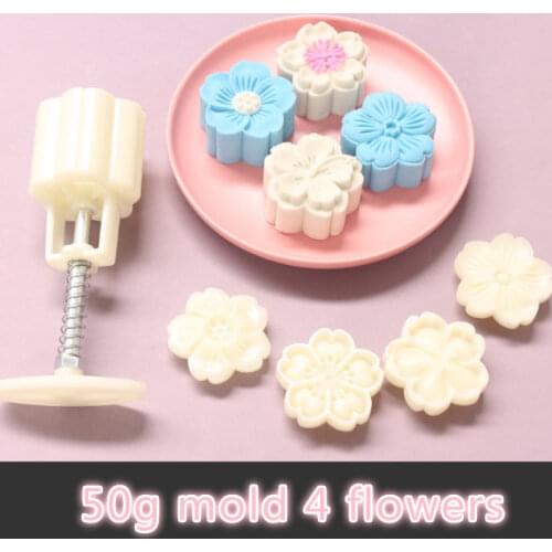 50g Round Mooncake Mold 4 Cherry blossoms Stamps +1 Barrel Cookies Moon Cake Decoration Kitchen Bakeware Cake Pie Tools