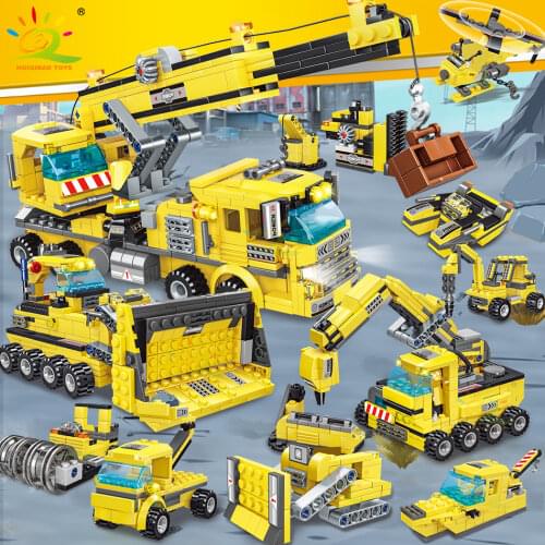 HUIQIBAO Engineering Technical Bulldozer Dump Truck Building Blocks City Construction Concrete Mixer Truck Bricks Toys Children