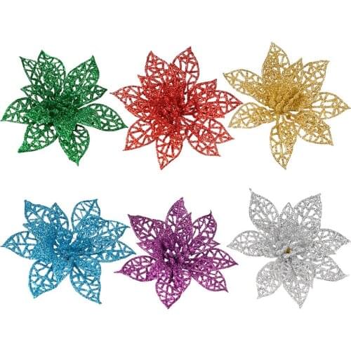 6Pcs Artificial Christmas Flowers Glitter Fake Flowers Xmas Tree Ornaments New Year Gift Home Ornaments Flores artificiais natal