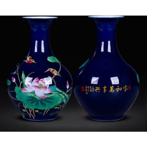 Jingdezheng Ceramic Glaze Blue Lotus Flower Handpaint Porcelain Tabletop Vase Flower Arrangement for Home decoration