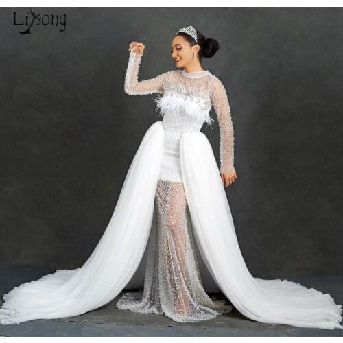 See Thru Mermaid Wedding Dresses With Detachable Train Sexy Illusion Pearl Lace Long Wedding Dress Feather Beaded Bridal Gowns