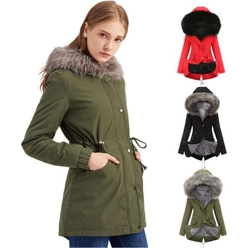Womens Winter Jacket Ouma Big Fur Collar Womens Cotton Clothes Thicken Mid-length Hooded Winter Warm Plus Fleece Coat Abrigos