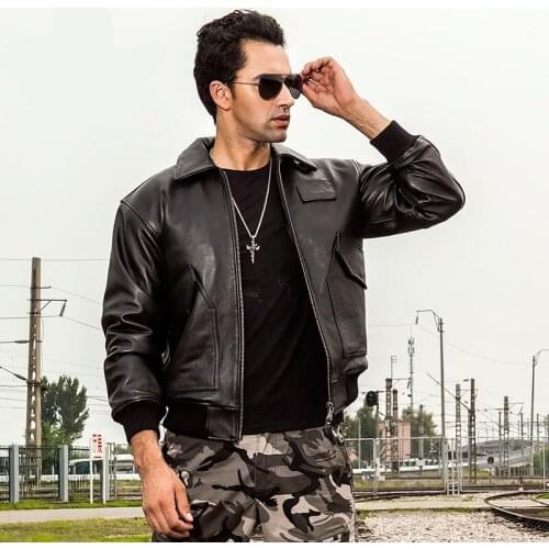 2021 Brown Men USAF Pilot Leather Jacket Europe Size XXL Genuine Cowhide Autumn American Military Style Aviation Coat