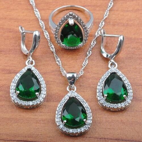 Russian Style Water Drop Jewelry Sets For Women Party Jewelry Green Zirconia Silver Plated Pendant Earrings Ring Top Gifts